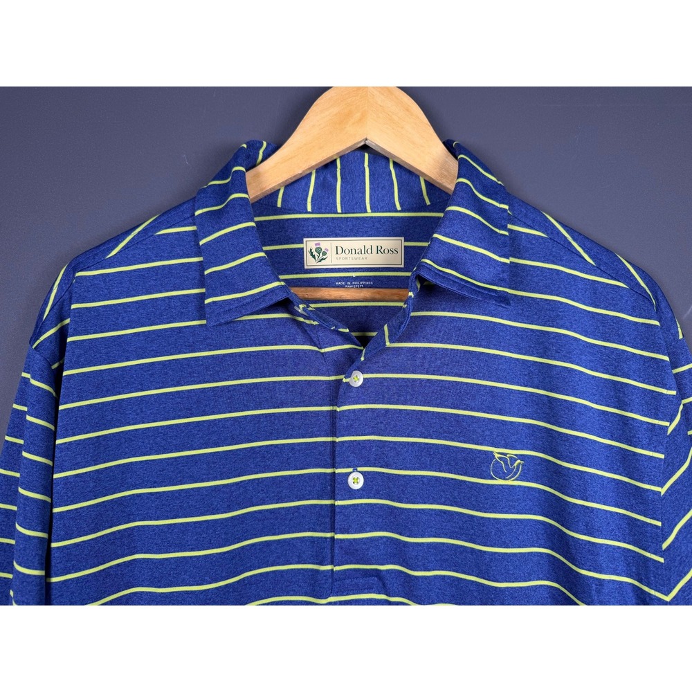 Donald Ross Reynolds Lake Oconee Atlanta Mens Large Blue Striped Golf Polo Shirt